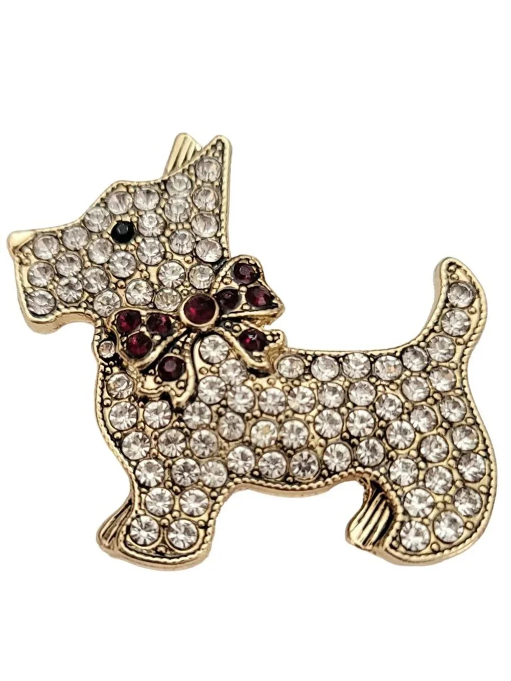 Monet Gold Tone Clear, Red Rhinestone Pave Scottie Dog Brooch, Signed K727